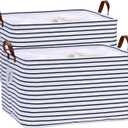 Hinwo 70L Extra Large Storage Bins, 2-Pack Closet Organizers and Storage, Foldable Clothes Storage Baskets with Handles, Containers for Clothing, Blanket, Comforters, Toys, Bedding (Navy Stripe)