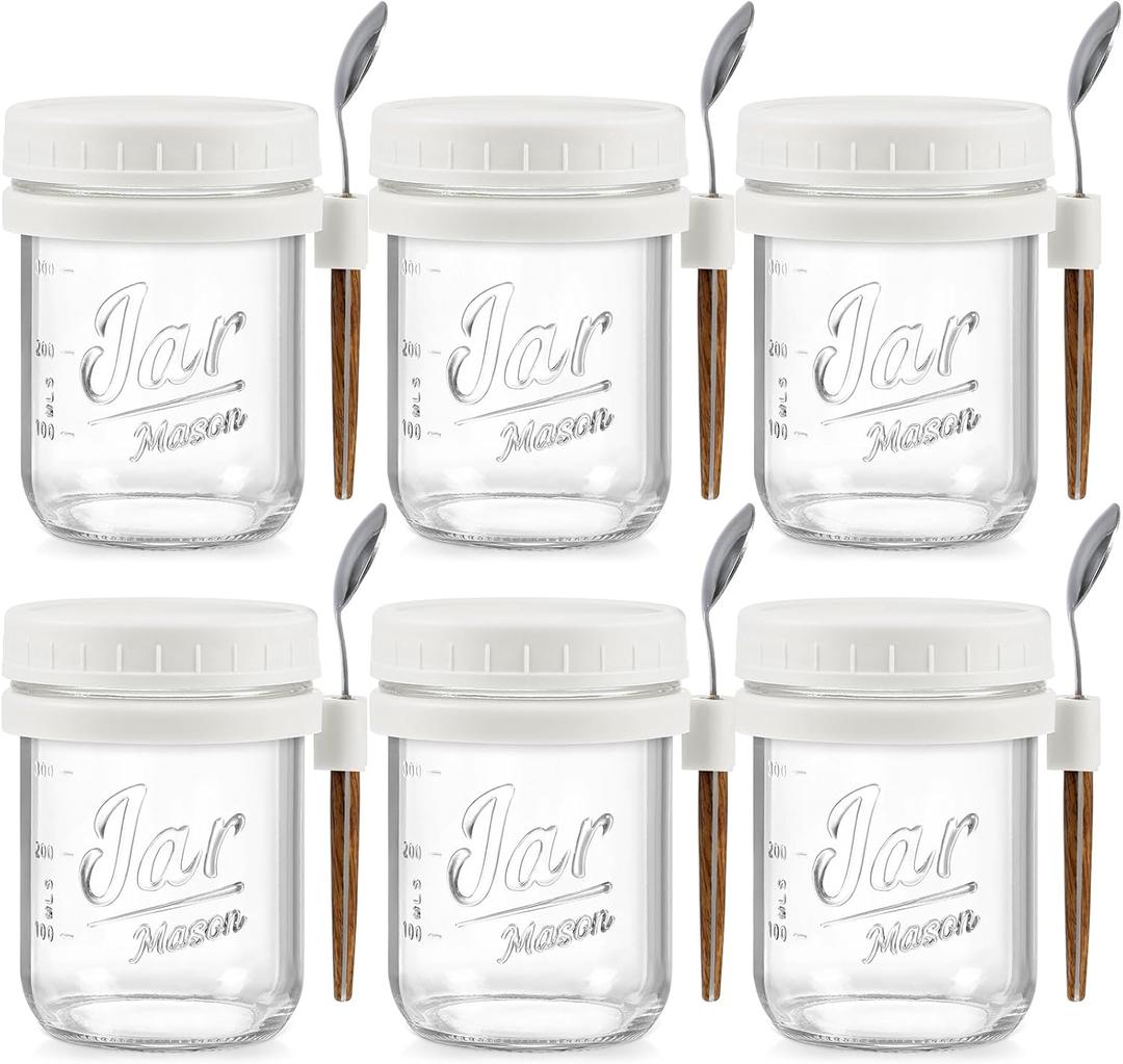 6 Pack Overnight Oats Containers with Lids and Spoons, 16 oz Glass Mason Overnight Oats Jars, Large Capacity Airtight Jars for Milk, Cereal, Fruit(White)