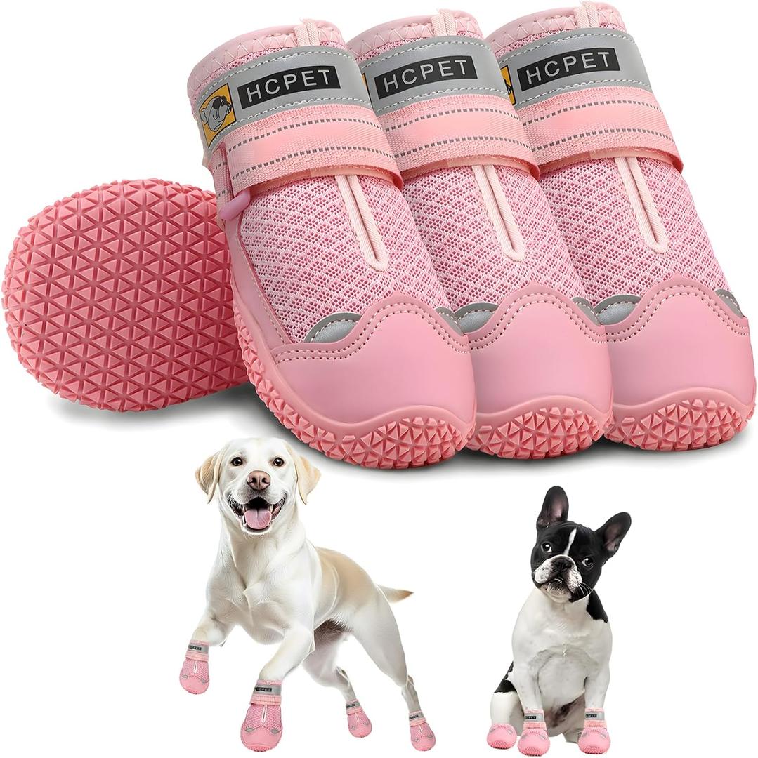 Hcpet Dog Shoes for Large Dogs, Breathable Dog Booties for Small Medium Dogs, Anti-Slip Dog Boots & Paw Protectors for Hot Pavement Winter Snow Hiking with Reflective Straps Pink Size 4 (Pair of 4, Width 1.96 inch for 36-43 lbs)