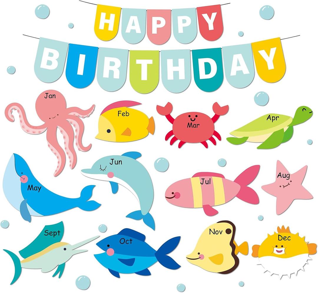3 x JarThenaAMCS 40Pcs Under The Sea Birthday Bulletin Board Decoration Happy Birthday Classroom Calendar Poster Cartoon Ocean Life Fish Animal Paper Cutouts for Summer Back to School Wall Chalkboard
