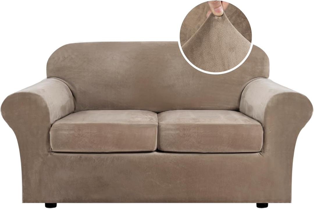 H.VERSAILTEX Real Velvet Plush 3 Piece Stretch Sofa Covers Couch Covers for 2 Cushion Couch Loveseat Covers Width Up to 72 Inch Feature Thick Soft Stay in Place (Medium Sofa, Camel) (2 Cushion Loveseat)