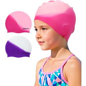 Swim Cap Kids (2 Pack), Durable Waterproof Swimming Cap for Girls Boys Teens Toddler Aged 3-15, Comfortable Fit Kids Swim Cap for Long Hair and Short Hair, Silicone Swim Caps for Kids Toddler