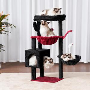 Heybly Cat Tree, 39.4 Inches Gothic Tower Condo with Scratching Post, Cat Tower for Indoor Cats, Fully Wrapped Sisal Pole, Soft Platform, 2 Baskets and Dangling Toy, Black and Red HCT006SBR