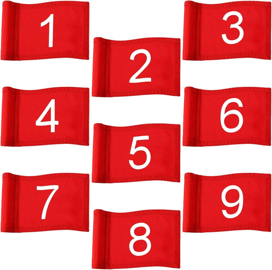 Riakrum 9 Pcs mini golf flags for yard 8.9 x 5.7 Inch 1-9 Nylon golf Pin Flags for putting green with Tube Inserted Numbered Yard Indoor Outdoor hole Backyard Garden Practice