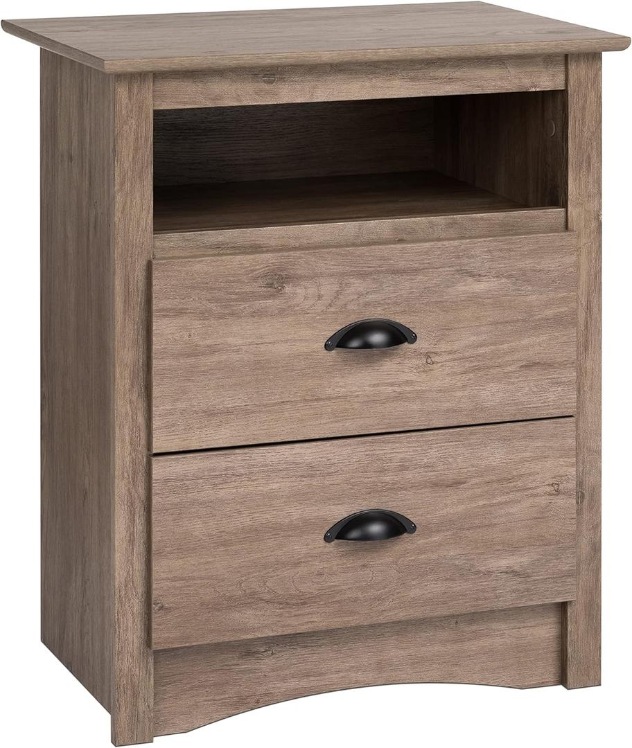 Prepac's Fremont 2 Drawer Nightstand: Elegant Bedroom Furniture, Bedside Table with Open Shelf, 23.25"W x 16"D x 28"H, Drifted Gray - DDC-2428