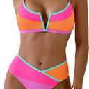 SOLY HUX Women's Color Block Bikini Set Spaghetti Strap V Wired Bathing Suit Summer Two Piece Swimsuit (Large, Multicoloured)