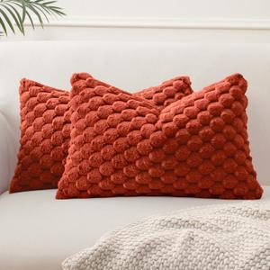MIULEE Fall Rust Faux Fur Lumbar Decorative Throw Pillow Covers 16x16 Inch Set of 2 Super Soft Cozy Plush Cushion Cases Luxury Fluffy Pillowcases for Sofa Couch Bed Living Room