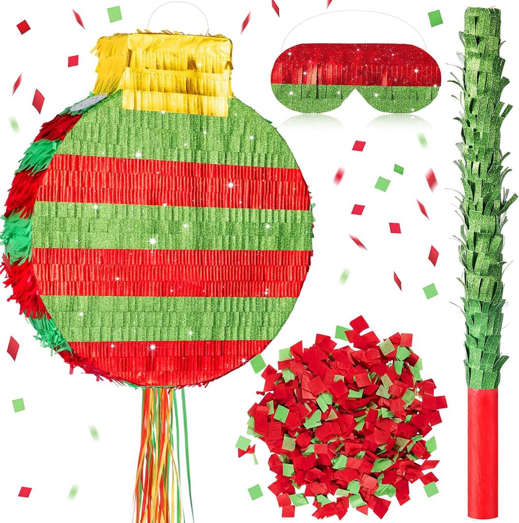 Gemscream 18 Inch Large Round Red and Green Piñata Kit with Stick Blindfold and Confetti Glitter Blank DIY Piñata for Birthday Party Game Wedding Carnival Party Supplies