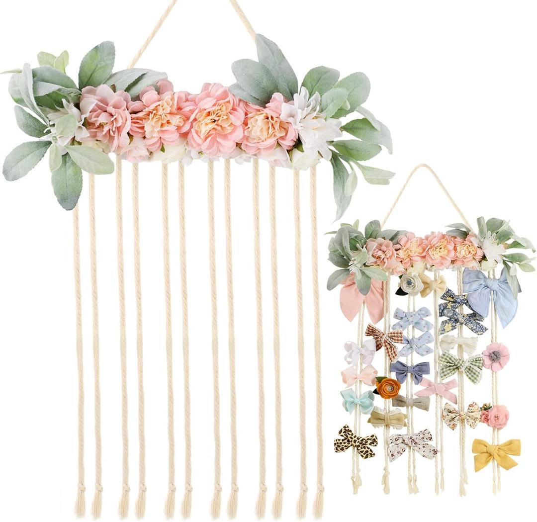 POVETIRE Bow Holder for Girls Hair Bows, Clips Hanging Organizer Baby Headband Storage Hair Accessory Display for Wall Room Baby Nursery Decors (Flower)