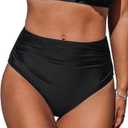 CUPSHE Womens Swimsuit Bikini Bottom High Waisted Bathing Suit Ruched Full Coverage (X-Large, Black)