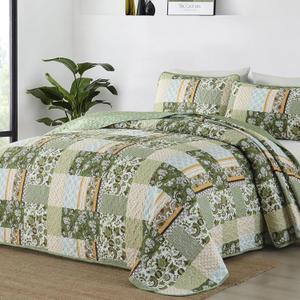 WONGS BEDDING Green Quilt Set King Size,Patchwork Plaid Printed Bedspread Coverlet Set,3 Pieces Summer Soft Microfiber Floral Bedding Set with 1 Quilt 2 Pillowcases