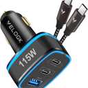115W USB C Car Charger, VELOGK 3-Port [PPS&PD&QC3.0] 65W 45W 30W Super Fast Type C Car Charger Adapter for iPhone 15 Pro Max Samsung S24 S23 S22 Ultra Note 20, iPad, Macbook/Dell,with 100W USB C Cable