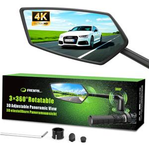 RBRL Bike Mirror, 3D Adjustable Arm for Extended Reach, Aluminum Alloy Anti-shake Bicycle Rearview Mirrors, 360 Panoramic Rearview, Wide Angle Shatterproof & Foldable E-bike Mirror(left)