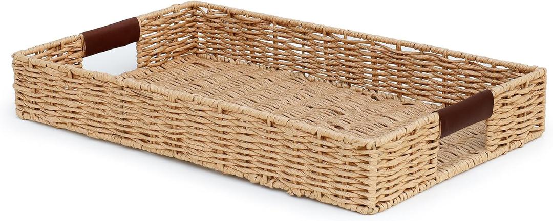 Handwoven Multipurpose Rectangle Rattan Tray, 20 x 12  Durable Wicker Tray with Leather Handles for Home Decor Display