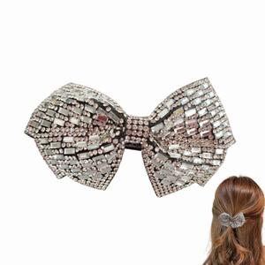 Bling Rhinestone Bow Hair Clip for Ponytail Holder, White Crystal Bowknot Spring Clip French Side Hair Barrettes Hair Pins Accessories for Women