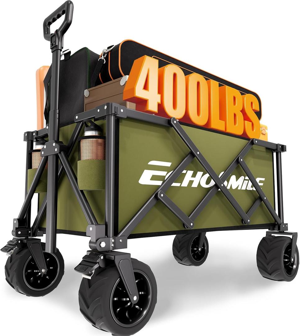 EchoSmile Collapsible Folding Wagon Cart with Compact Storage - 400Lbs Capacity All Terrain Utility Cart for Camping, Beach, Grocery, Garden,Green