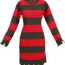 Halloween Costume Women Green And Red Striped Sweater Dress Hat Gloves Tattoo Horror Movie Nightmare Killer (M)