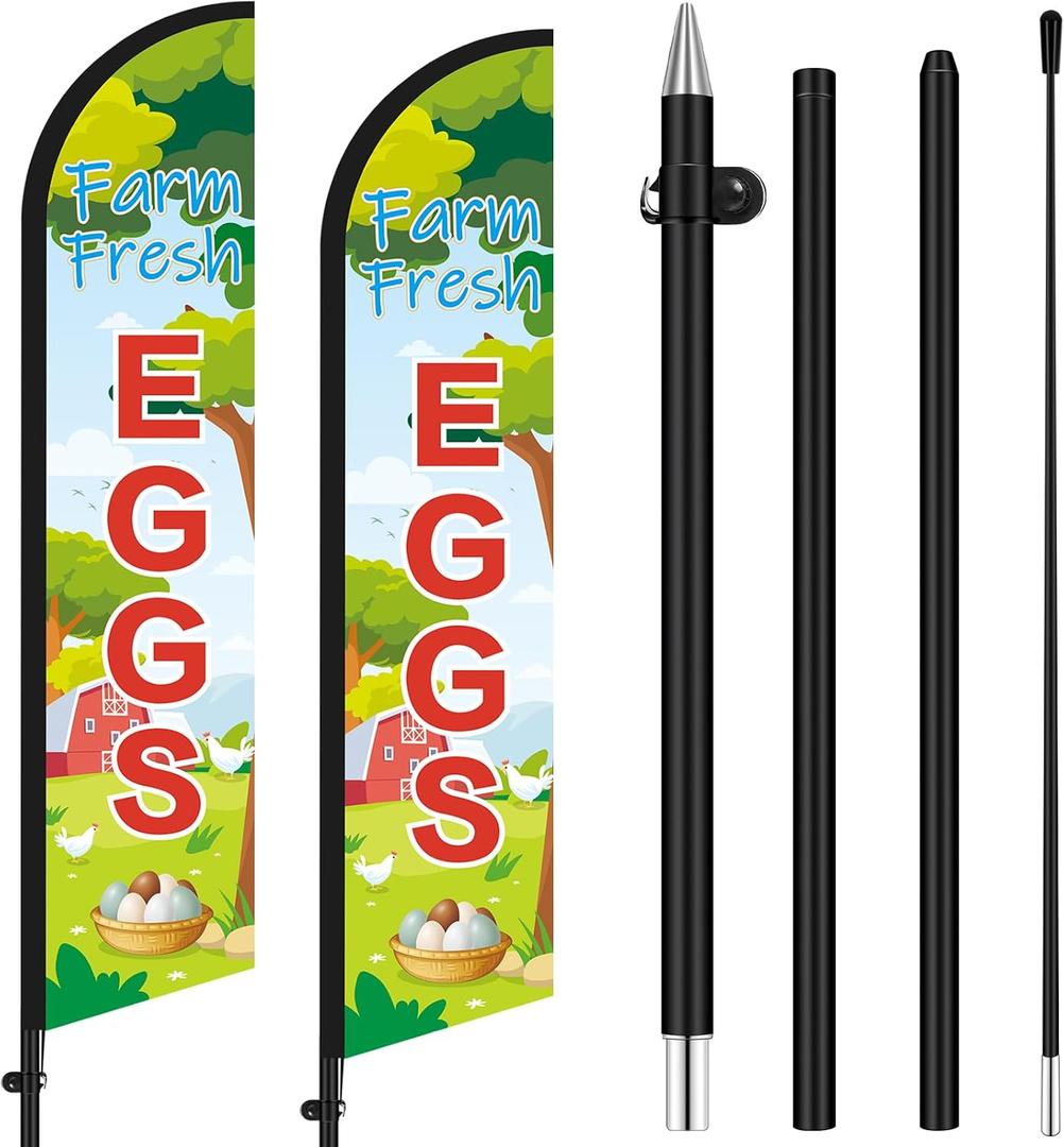 HunnmingRe 2 Sets Farm Fresh Eggs Feather Banner Flag Kit 12ft Advertising Feather Flags with Flag Poles Windless Business Flags Banner Sign for Farm Fresh Eggs Outside Business