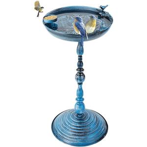 DREAMSOUL 26" Tall Pedestal Bird Bath for Outside, Metal Blue Bird Bath with Hummingbird Carving for Yard Garden Decor