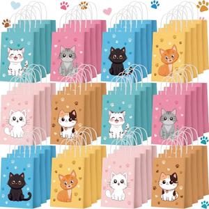 Zhanmai 48 Pcs Cat Birthday Party Favors Bags Bulk for Goodie Gifts Cute Kitty Candy Treat Paper Bags with Handles for Kitten Birthday Party Decoration Supplies Pet Adoption