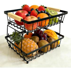 2 Tier Fruit Basket for Kitchen Counter, Large Fruit Holder with 2 Banana Hooks, Detachable Metal Fruit Stand with Wooden Handle, Kitchen Storage Cart,Vegetable Basket, Snack Rack