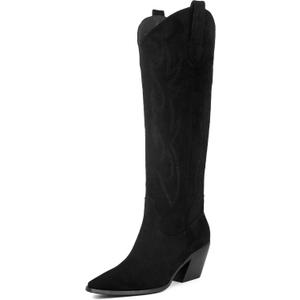 iiimmu Tall Cowgirl Boots Women Pointed Toe and Block Heel Cowboy Suede Boots with Embroidered, Black, Size 7.5