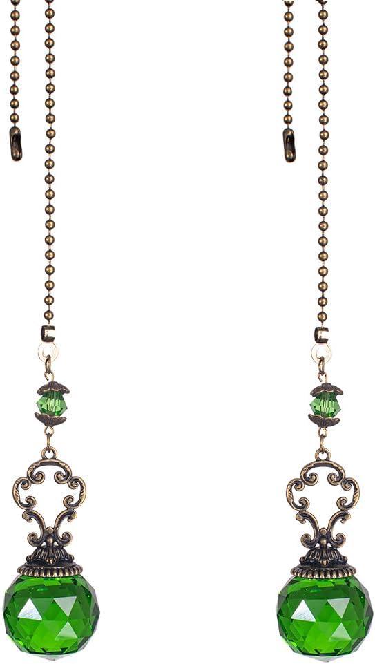 TopHomer 2PCS Ceiling Fan Chain Pulls with 3cm/1.18in Green Crystal Prism Balls 12 Inch Vintage Ceiling Fan Chain Extender Ornament Chain for Fan Pull, Lighting (Green