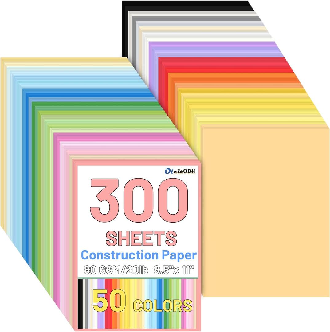 50 Colors Construction Paper 300 PCS, 8.5x11 in Bulk Colored Paper for Crafts - 80GSM Thick Cardstock for Printing, Layering, Embossing - DIY Art Supplies for Cards, Invitations, School Projects