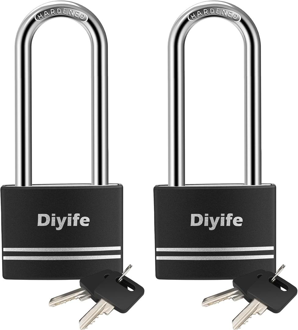 Padlock with Key, [2 Pack] [Waterproof] Lock with Key, Long Shackle Padlocks for Outdoor Anti-Rust, Small Covered Aluminum Padlock with 4 Alike Keys for Gym Locker, Fence, Shed (Black)
