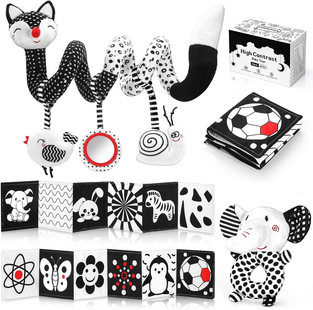 High Contrast Black and White Baby Toys 3-Piece Newborn Essentials Set with Hanging Toys,Rattle Crib Mobile,baby Book & Car Seat Stroller Toys for 0-3-6-12 Months Infant Development (FOX)