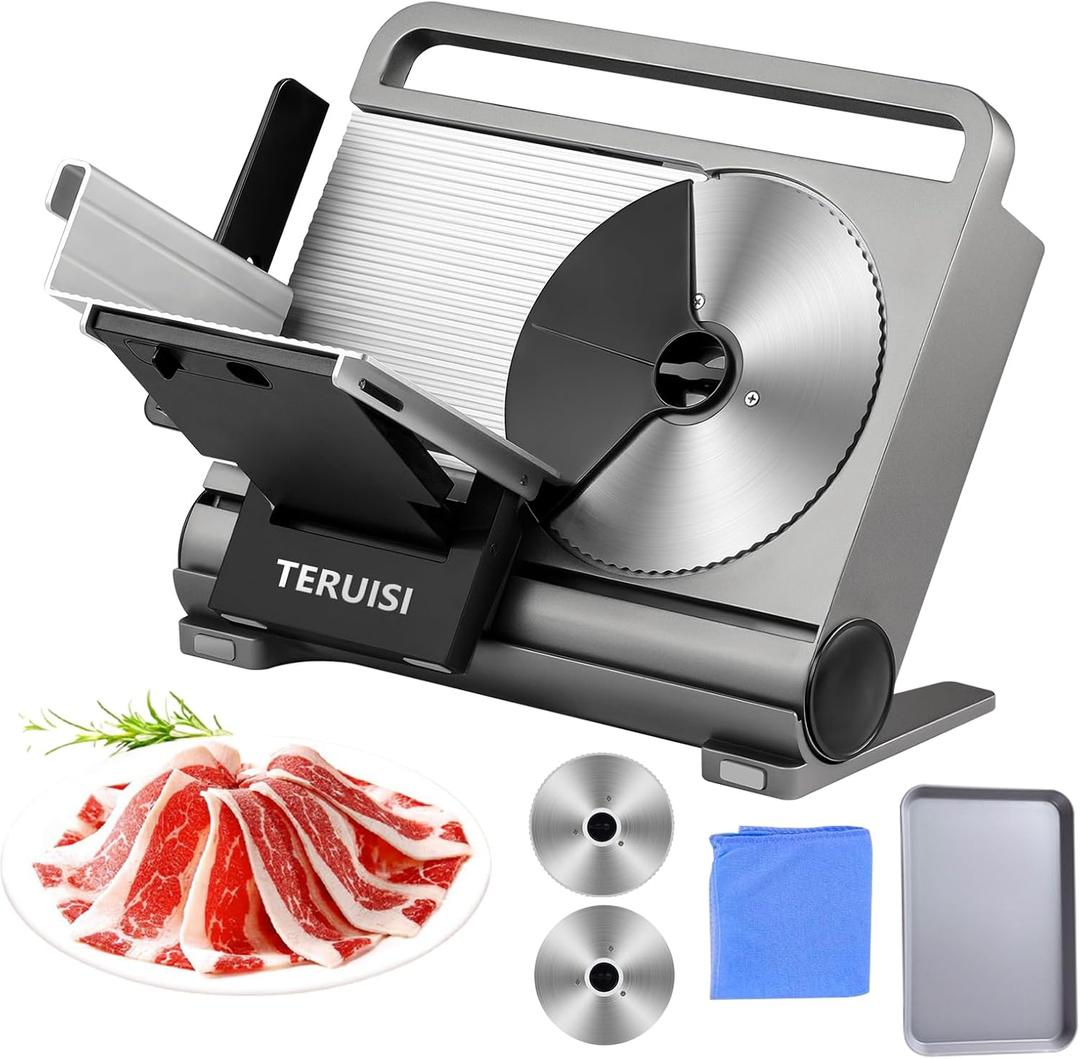 Meat Slicer, 200W Electric Meat Slicer Machine Food Slicer, Foldable Deli Meat Cutter With 2 Removable 7.5" Stainless Steel Blade, 0-15mm Adjustable Thickness For Home Use, Meat, Cheese, Bread