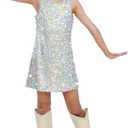 Girls Sequin Dress Sparkly Sleeveless Costume Prom Concert Party Outfit with Glitter Microphone Prop (Silver, L)