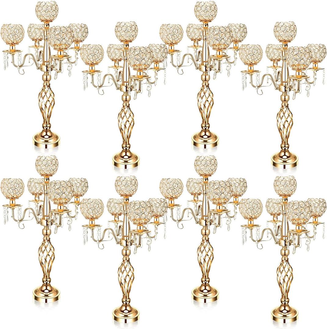 Nitial 5 Arm Crystal Candelabra Centerpieces for Tables 27 Inch Tall Crystal Candle Holders Bowl Candelabra Table Centerpieces Decor for Wedding Christmas Dinner Party Events (Gold,8 Pcs)