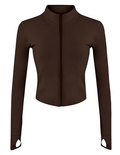 Lviefent Womens Lightweight Full Zip Running Track Jacket Workout Slim Fit Yoga Sportwear with Thumb Holes (Brown-M)