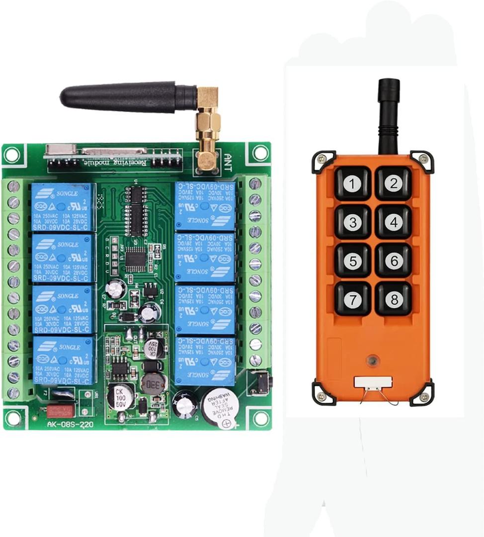 Industrial Wireless Remote Control Switch with dust Cover Large Button Long Distance 8 Channels 12V 24V 36V DC Control Radio Switch Waterproof Transmitter Relay Output High Power Water Pump Motor