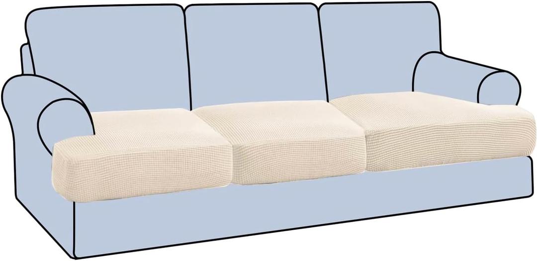 H.VERSAILTEX Stretch 3 Piece T Cushion Sofa Slipcovers Individually Sofa Covers for 3 Cushion Couch Sofa Seat Covers with Elastic Bands Featuring Thicker Jacquard Fabric, Cream