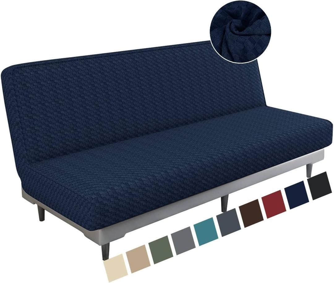 MAXIJIN Jacquard Futon Cover Stretch Armless Futon Sofa Cover Soft Futon Slipcover with Elastic Bottom Thick Sofa Bed Furniture Protector Covers, Machine Washable (Navy Blue)