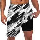 Goodstoworld Men's Funny Swim Trunks with Compression Liner 2 in 1 Quick-Dry 9" Stretch Shorts with Three Pockets (Medium, Black White / Graffiti)