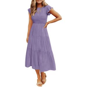 ZESICA Women's 2025 Summer Casual Flutter Short Sleeve Crew Neck Smocked Elastic Waist Tiered Midi Dress (X-Large, Violet)