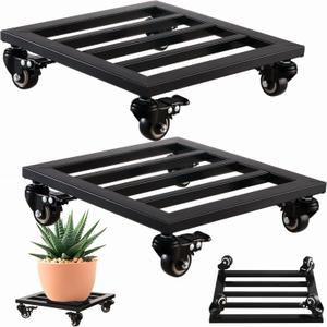 2 Packs Metal Square Plant Caddy with Wheels 12 Iron Wrought Rolling Plant Stand with Casters Heavy-Duty Plant Dolly for Indoor and Outdoor Plant Pot Roller Base Square Plant Movers, Glossy Black