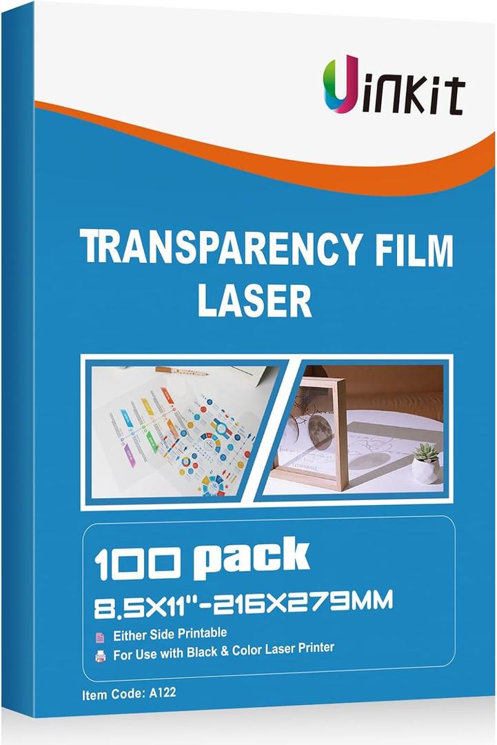 Uinkit 100 Sheets Laser Transparency Film 8.5x11 Color Transparent Paper OHP Clear Overhead Projector Film 8.5x11" for Laser Jet Printer Copier Copy Copies Photo Transparent Film A4 Letter Size