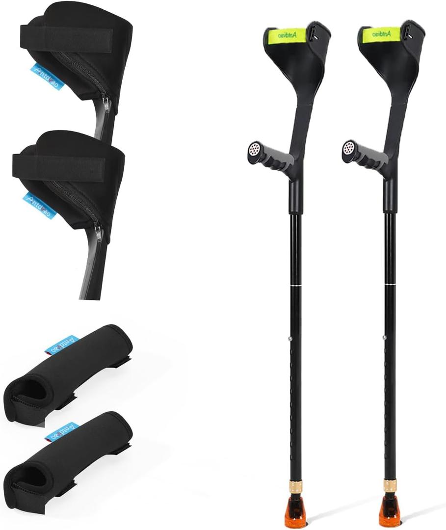Forearm Crutches Pair+Forearm Crutches Pads, Elastic Crutches Padding for The Elbow, for Open Cuff Crutches, Shock Resistant Increases Walking Comfort Forearm Crutch Pads (Black Kit)