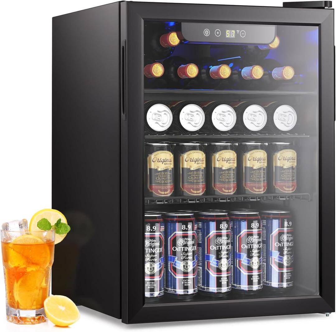 26 Bottle Cooler, 95 Cans Beverage Refrigerator, 2.6 cu.ft Drink Fridge Digital Temperature Control for Beer, Soda,Water, Drink Cooler for Home Office Bar (Black)