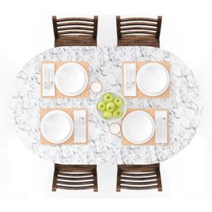 UMINEUX Oval Fitted Vinyl Tablecloth with Elastic Edged & Flannel Backing, Waterproof Wipeable Oval Table Cover - Fits Tables up to 42"X68" (White Marble)