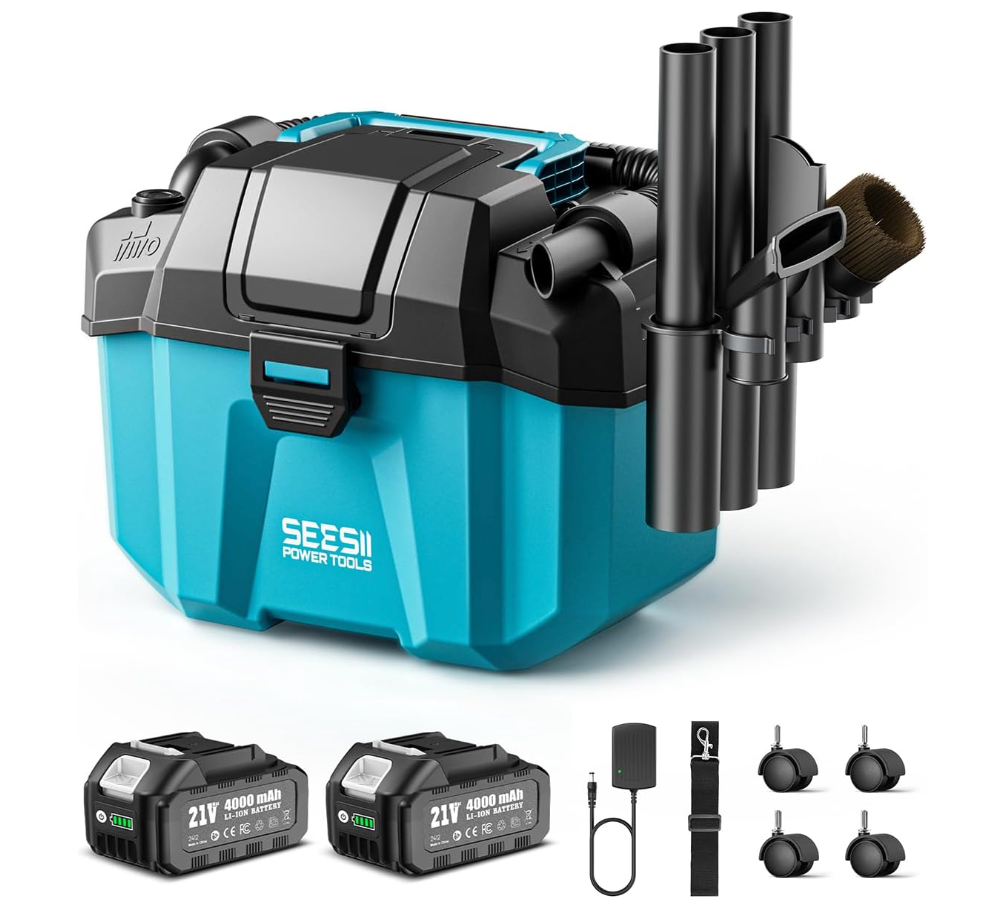 Seesii Cordless Wet Dry Shop Vac, 2 x 4.0Ah Rechargeable Batteries
