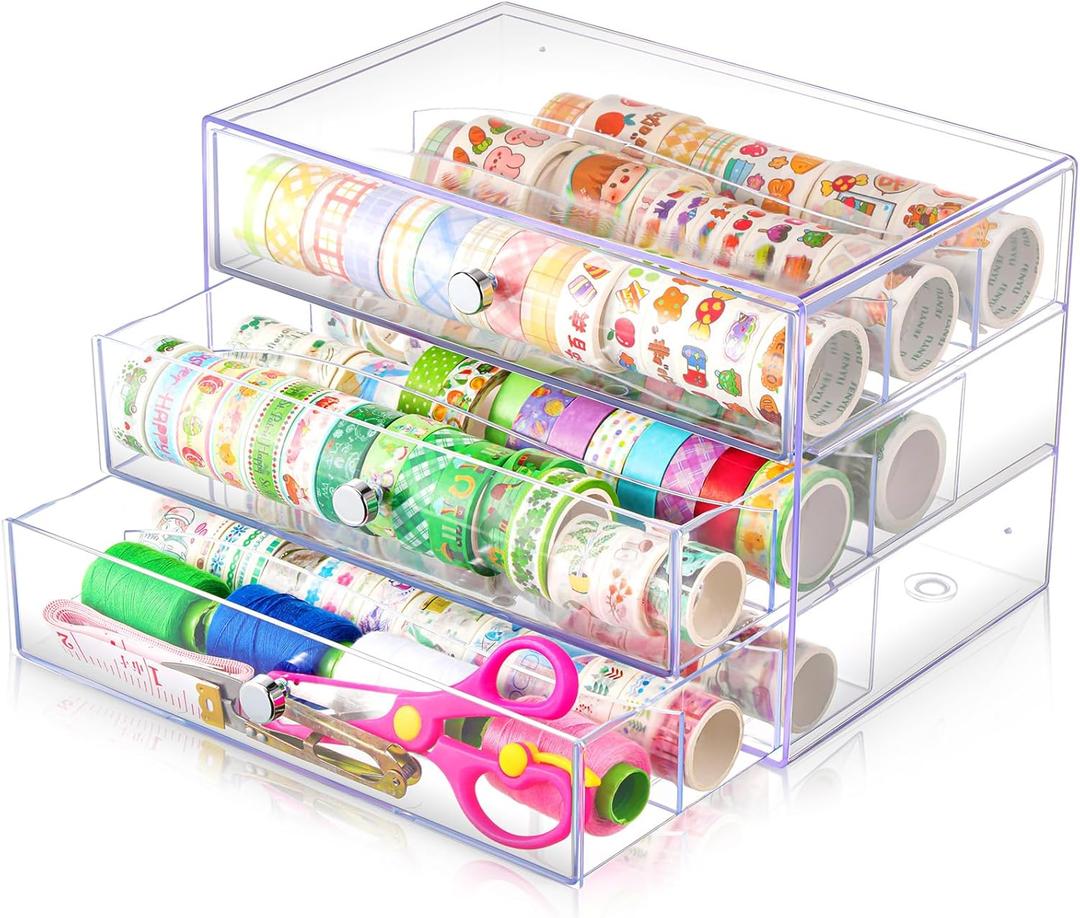 1 Pack 3 Drawer Washi Tape Organizer Plastic Washi Tape Storage Cube Organizer Box 10 x 7 x 6.8 Large Capacity Clear Storage Drawer Holder for Art Craft Embellishments Jewelry Makeup