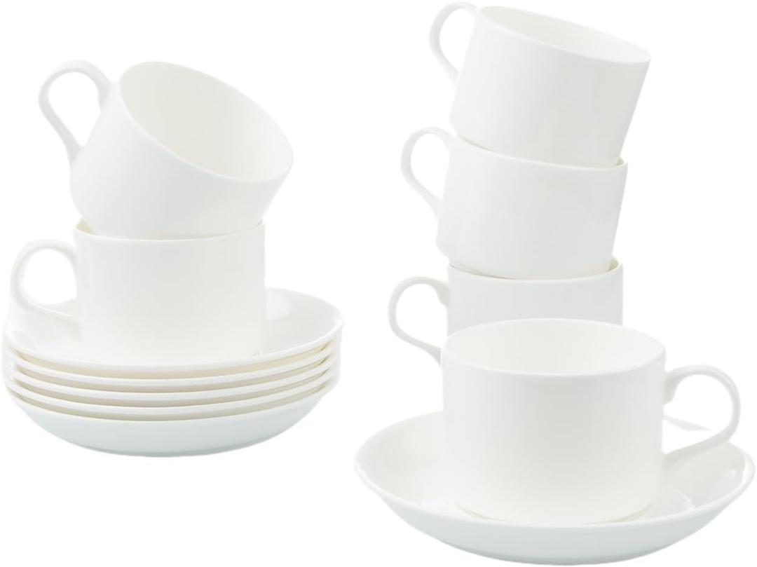 Fine Bone China Stackable Cup and Saucer Set of 6, Pure White Color Glaze Easy to Clean, 6 oz Capacity for Espresso & Cappuccino, Thin and Lightweight Comfortable to Hold, Microwave & Dishwasher safe