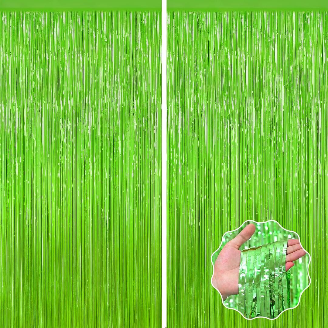 Grass Green Foil Fringe Curtain Backdrop, 2Pack Metallic Tinsel Fringe Curtain Streamers Photo Backdrop for St Patricks Day Football Decorations, Birthday Christmas Tropical Party Decor Door Streamers