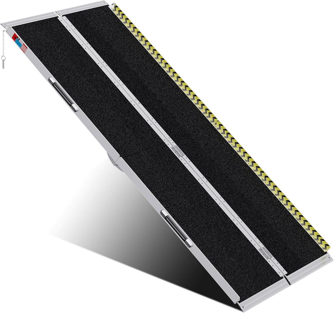 Portable Wheelchair Ramp 7FT, Anti-Slip Aluminum Folding Portable Ramp, Wheelchair Ramps for Home, Weight Capacity Up to 600 LBS, with Transition Plates Above and Below (7FT Using height 7-21")
