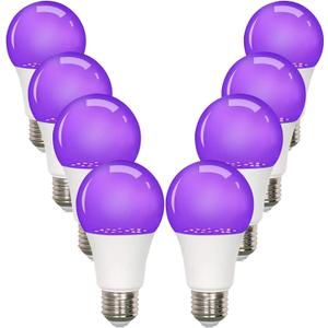 8-Pack LED Black Bulb, A19, UVA 385-400NM, 9W (100W Equivalent), E26 Head, Non-Dimmable, for Halloween Decorations, Glow Parties, Fluorescent Posters